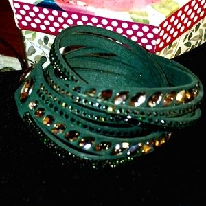 Faux Leather/Gemstone Emerald Green wrap cuff bracelet w snap closure.